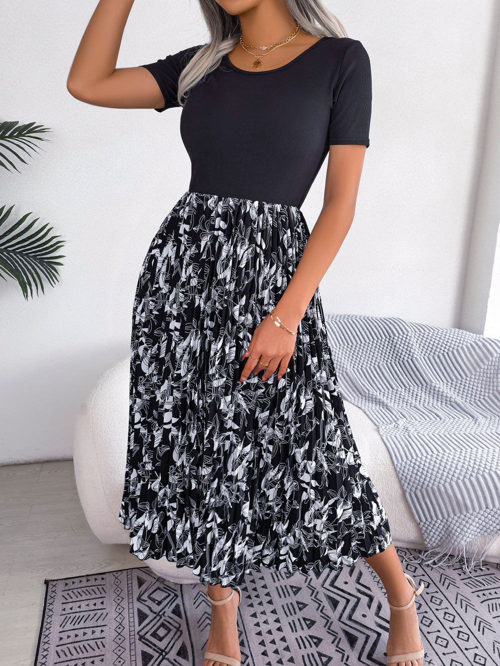 Women   Casual Leaf Print High Waist Pleated Midi Dress