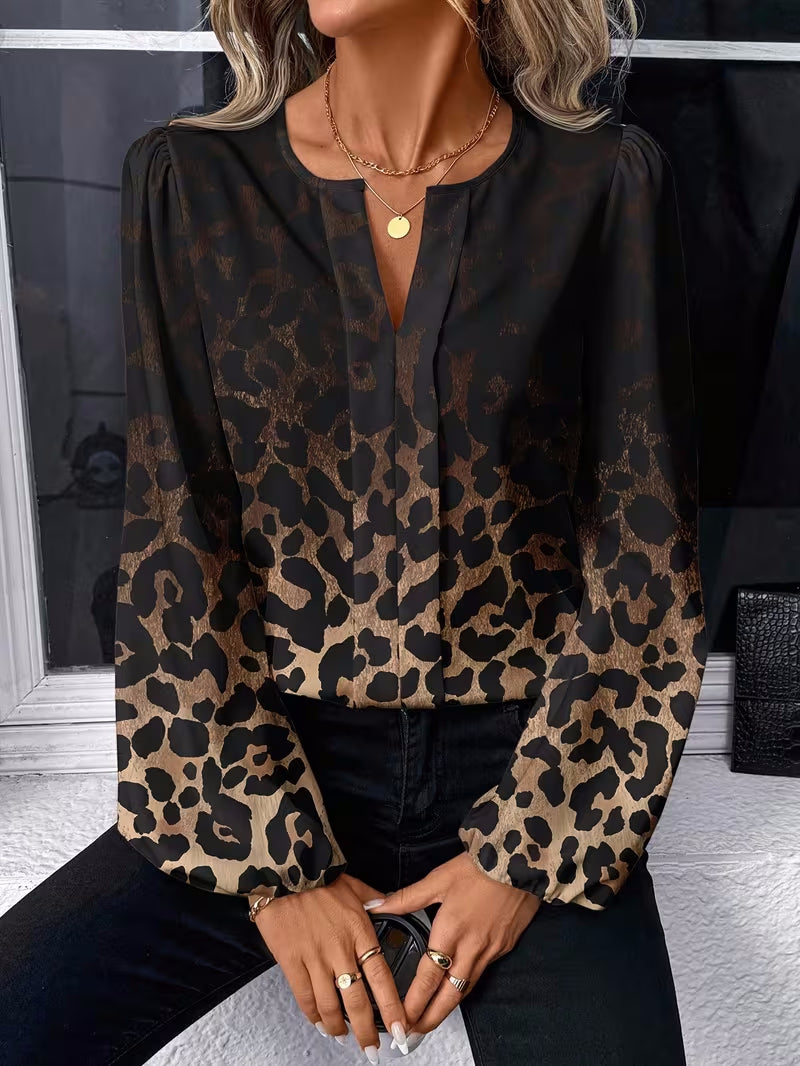 Women's Casual Leopard-Print Puff-Sleeve V-Neck Shirt