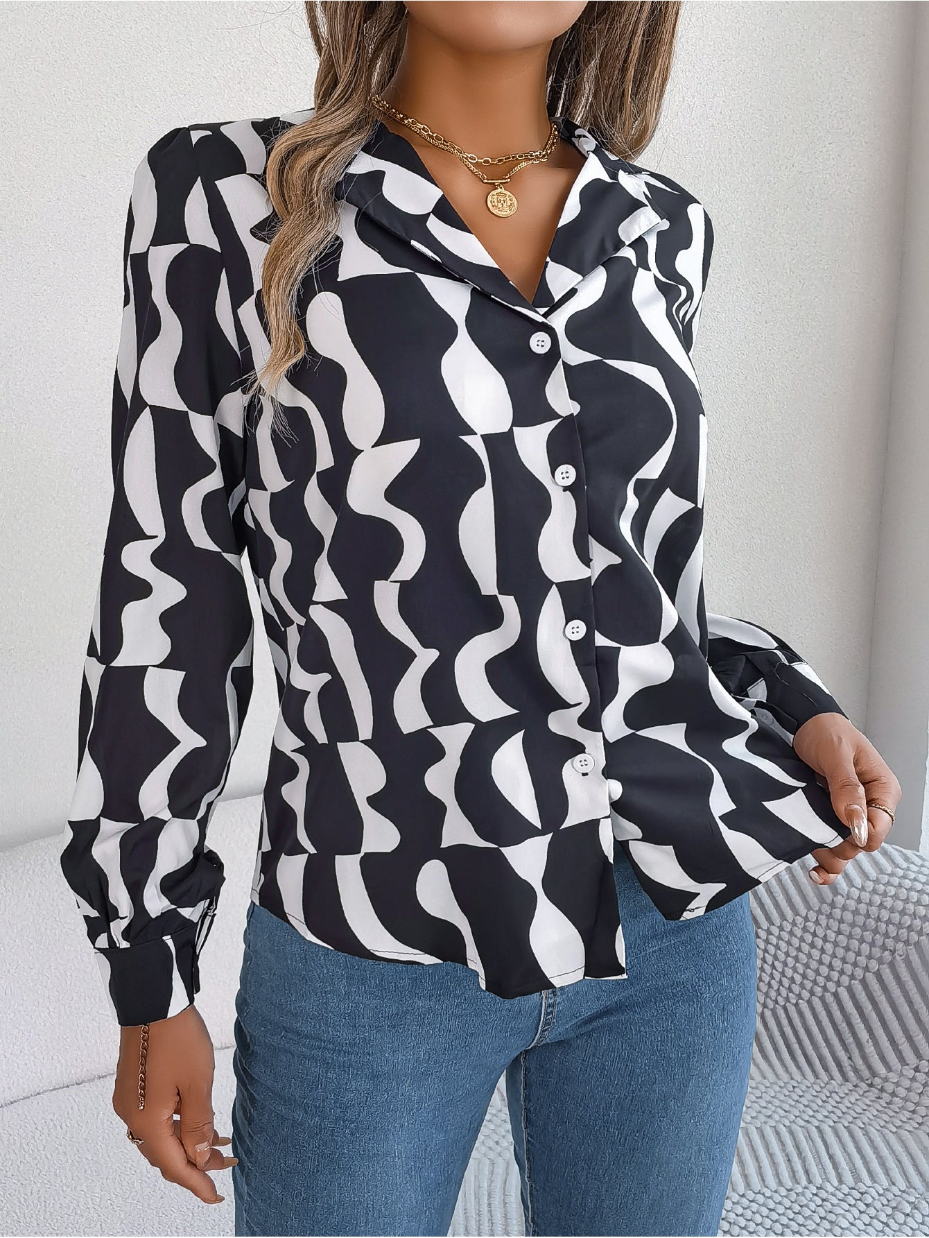 Women's Office Elegant Color Block Stripe Notched Lapel Long Sleeve Shirt